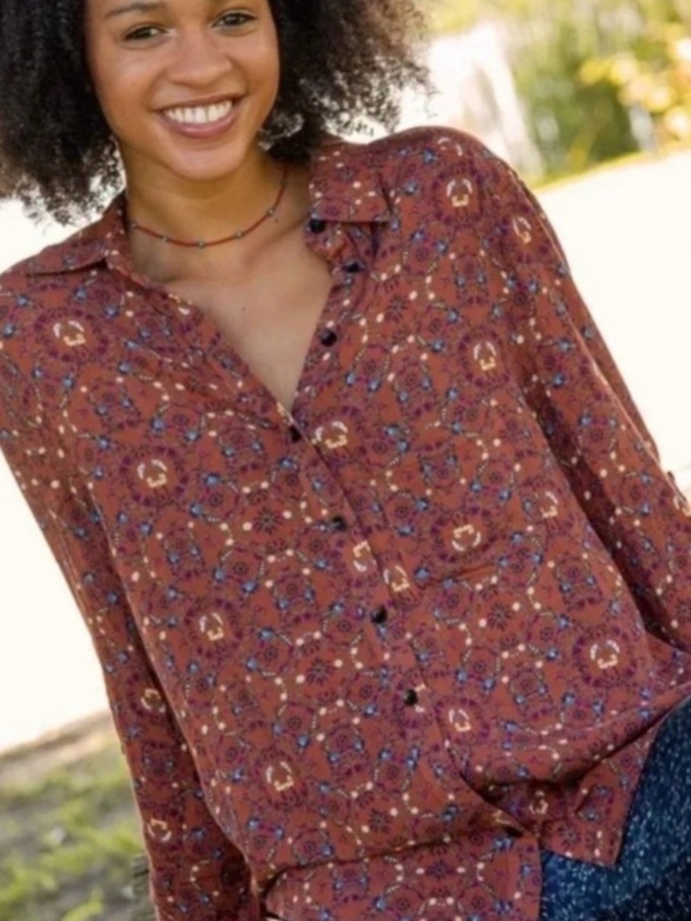 Natural Life CeCe Brown Floral Shirt Button Front Roll Tab Sleeve